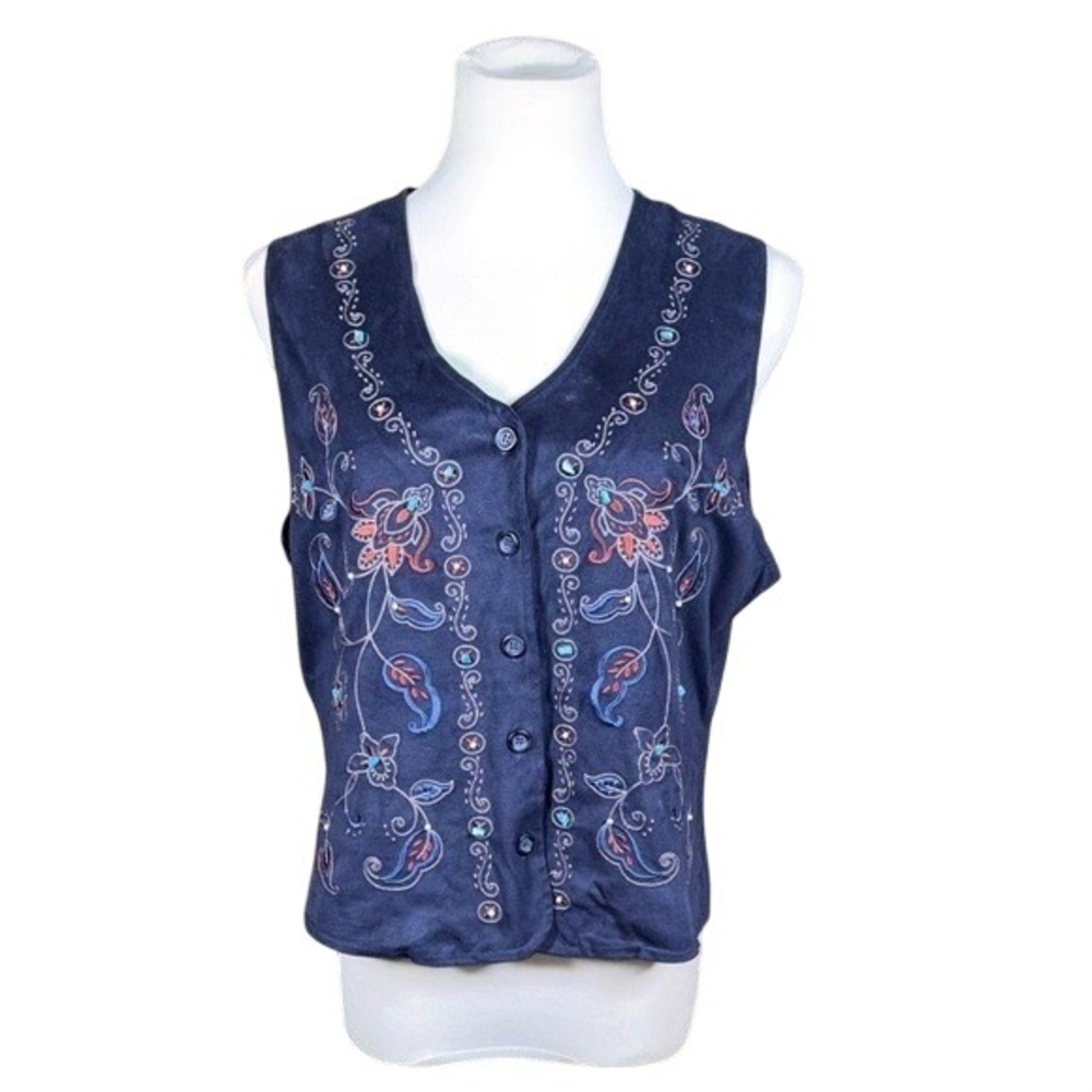 White Stag Vest Womens M Blue Faux Suede Floral Embroidered Beaded Button Front
